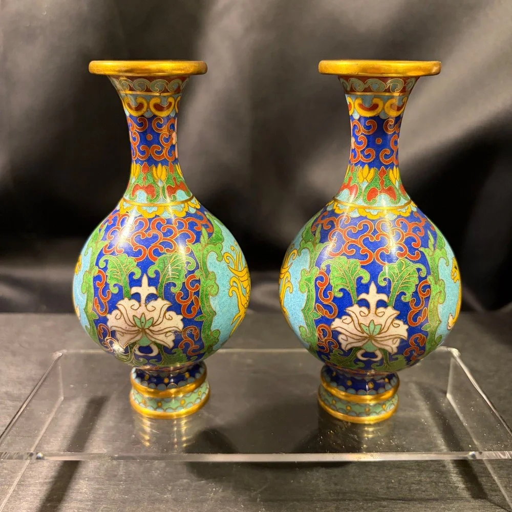 Vintage Chinese Cloisonne Enamel Phoenix Miniature Bud Vases Pair Turquoise 4in